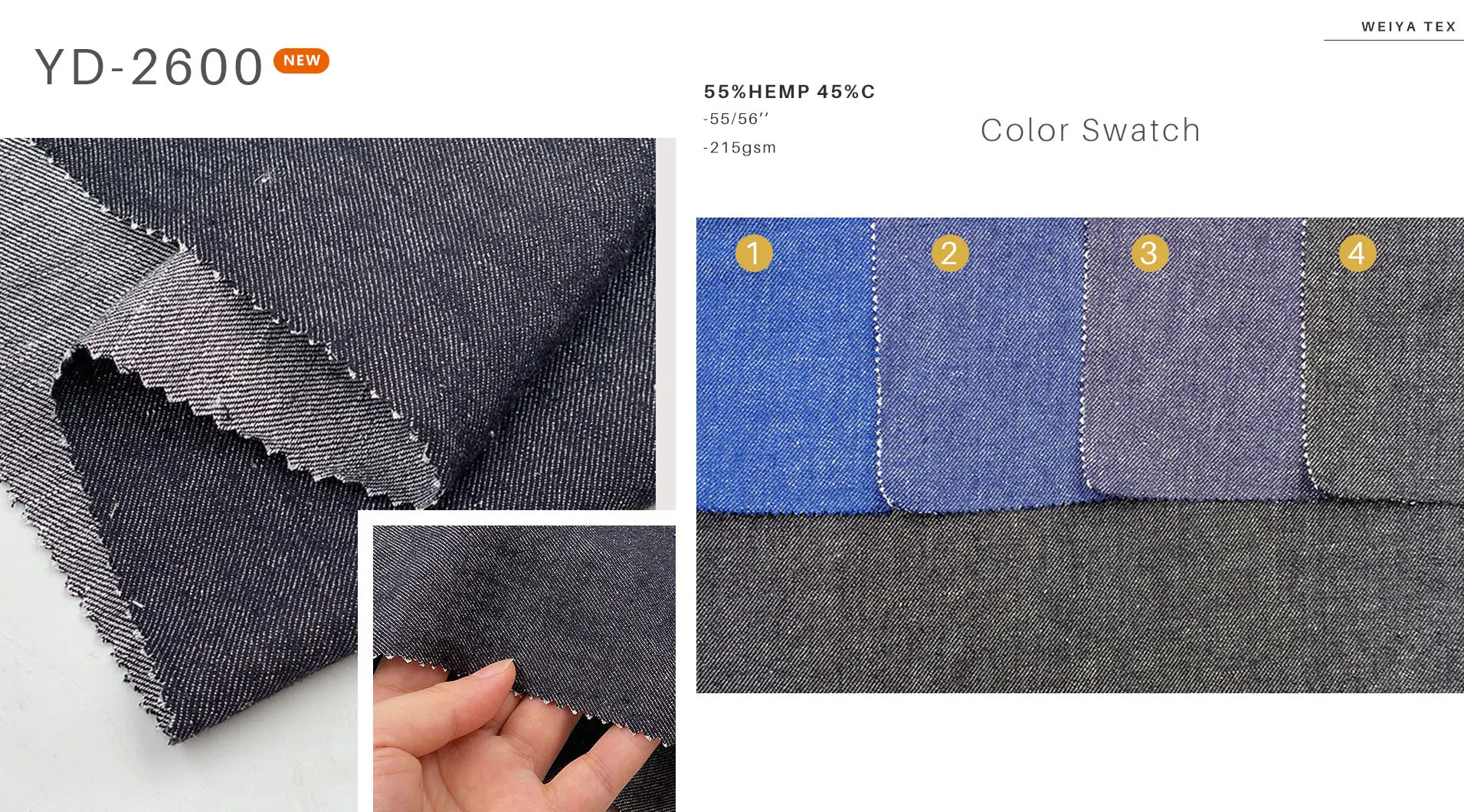 Textile man women dress clothing woven textured twill weave denim style material mix blend 55% hemp 45% cotton fabric
