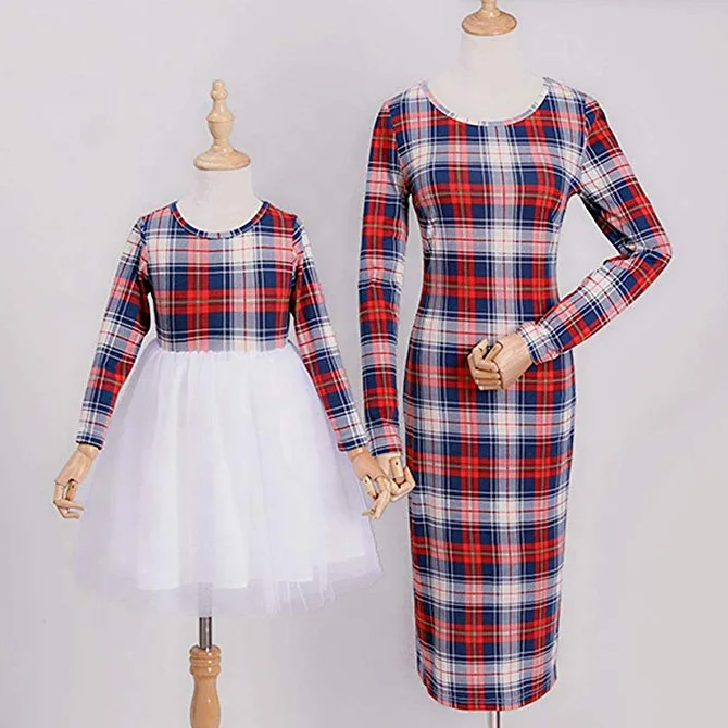 
Mother and Daughter Dress Family Clothes Long Sleeve Plaid Lady Midi Dress Girl Tulle Dress Mother Daughter Matching Outfits 