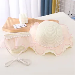 wide brim Summer children Beach Sun Hat baby Girl lace and pearl Bucket Straw Hat and bag set beautiful outdoor travel hat kids