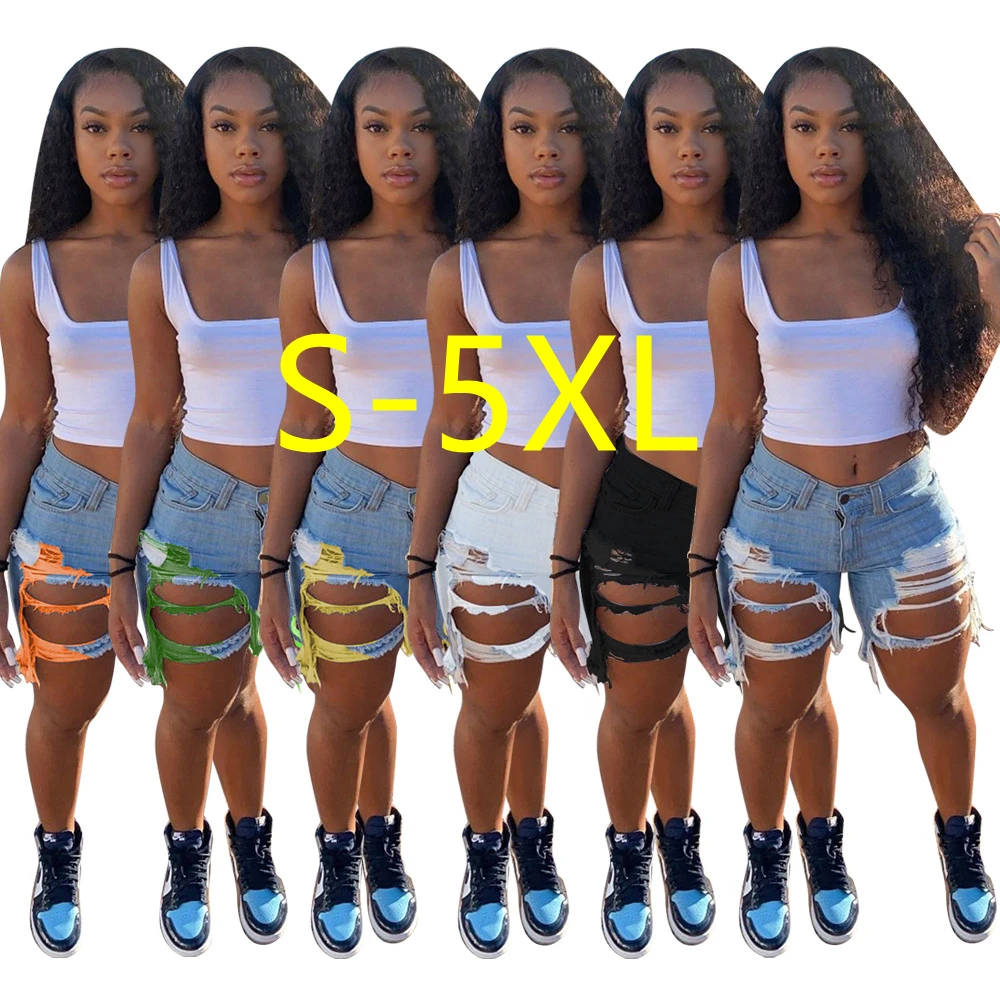 
2021 summer skinny short pants high waist ripped colorful jean biker distressed cut up shorts women 