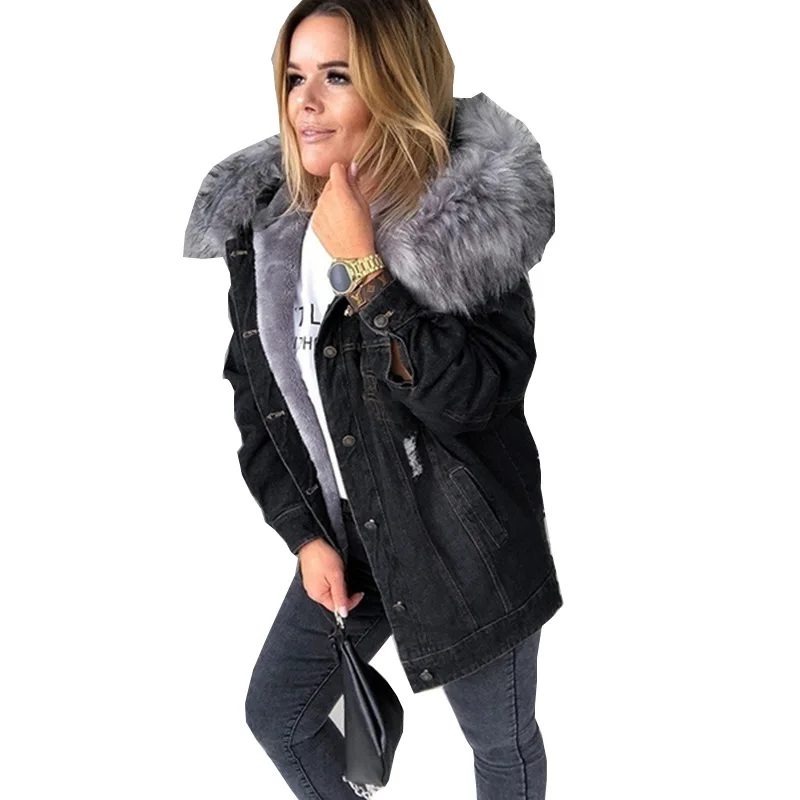 
New thermal custom fleece denim jackets faux fur coat winter jacket women 