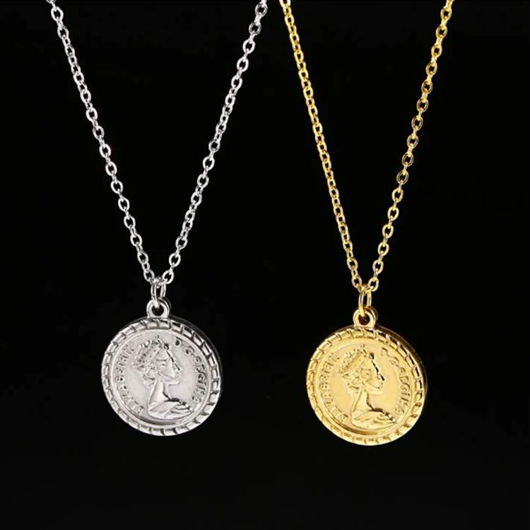 LD-NeckLace002 JR нержавеющая сталь цвета: золотистый многослойное ожерелье цепочка королевы Елизаветы диск монета кулон