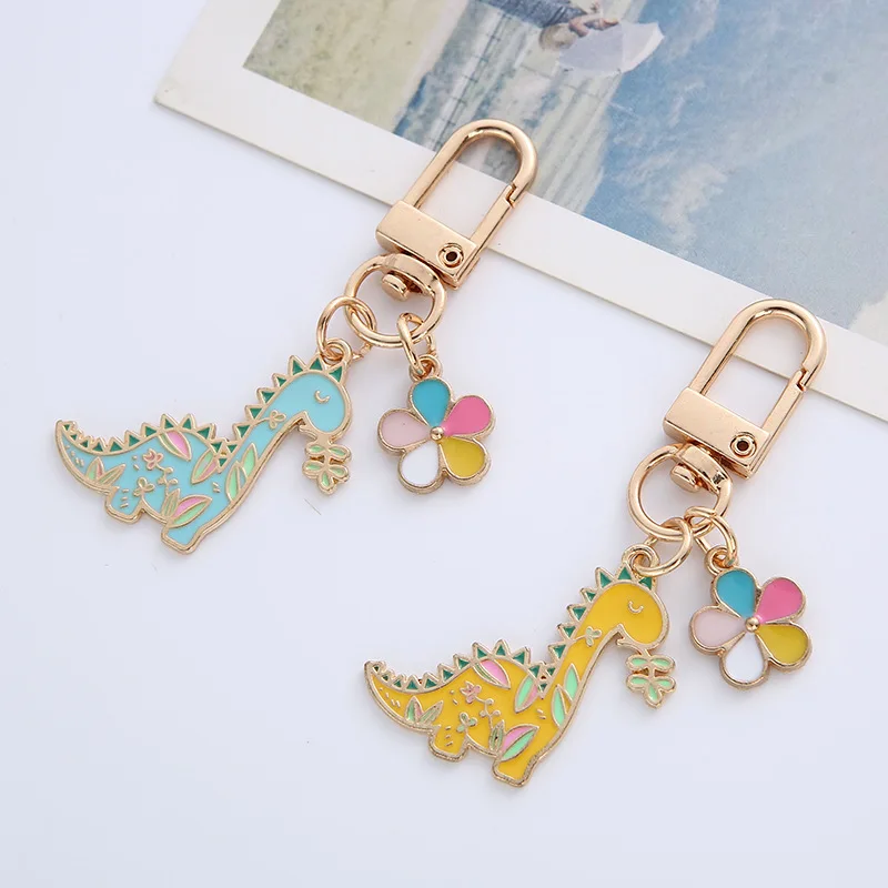 Metal Cute Cartoon Key chain Pendant Creative Couple Flower Keyring Alloy Dripping Oil Fun Color Enamel Dinosaur Keychain