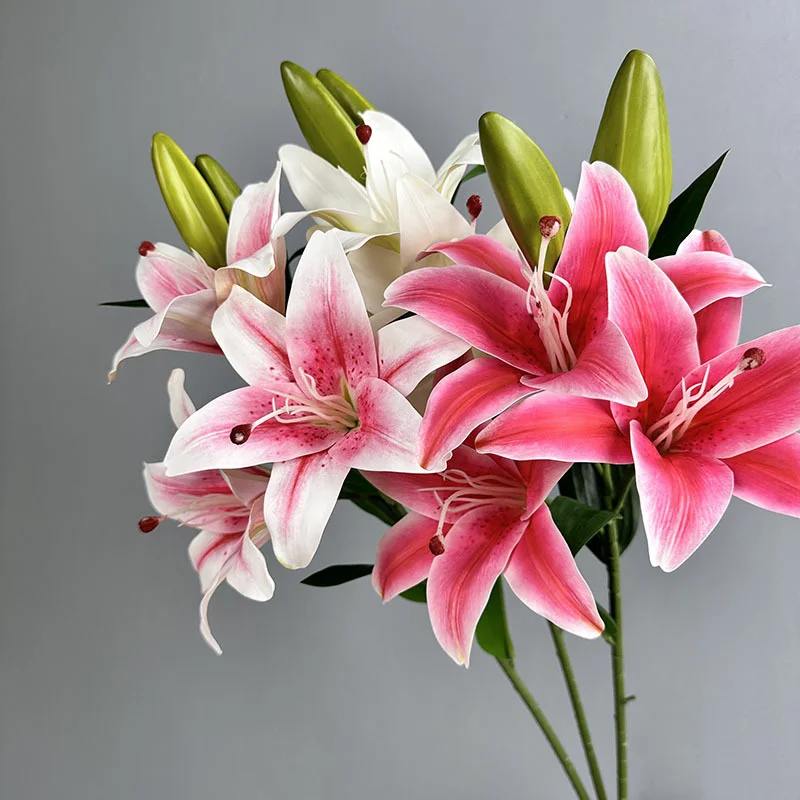 Real Touch Long Stem Artificial Stargazer Lilies 3 Head Faux White  Artificial Flowers Tiger Lily for Flower Arrangement Decor