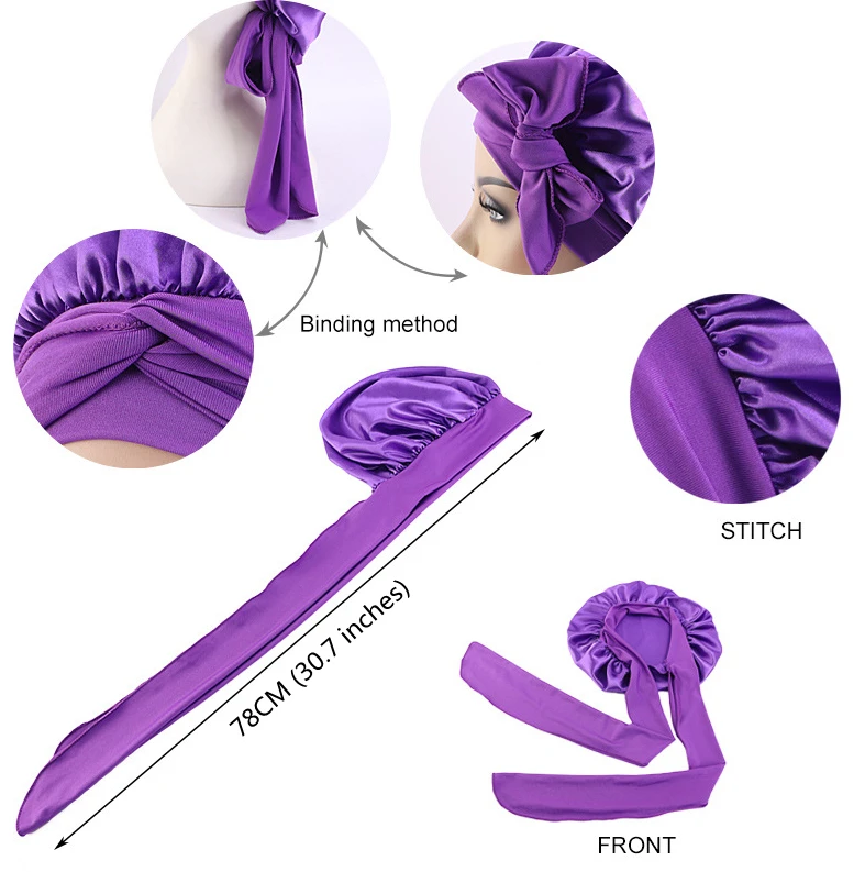 Big custom logo silky hair tie wrap sleeping hat en satin fashion silk adjustable women bonnets caps with drawstring for head