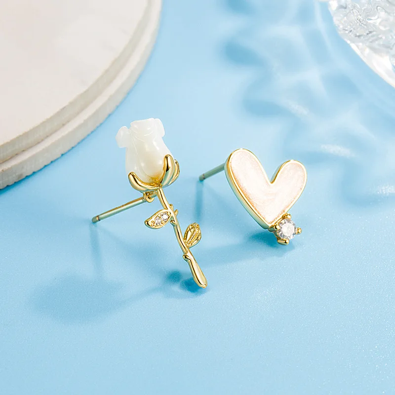 Trendy Gold Plated Alloy Jewelry Zircon Imitation Pearl White Rose Heart Asymmetrical Stud Earrings