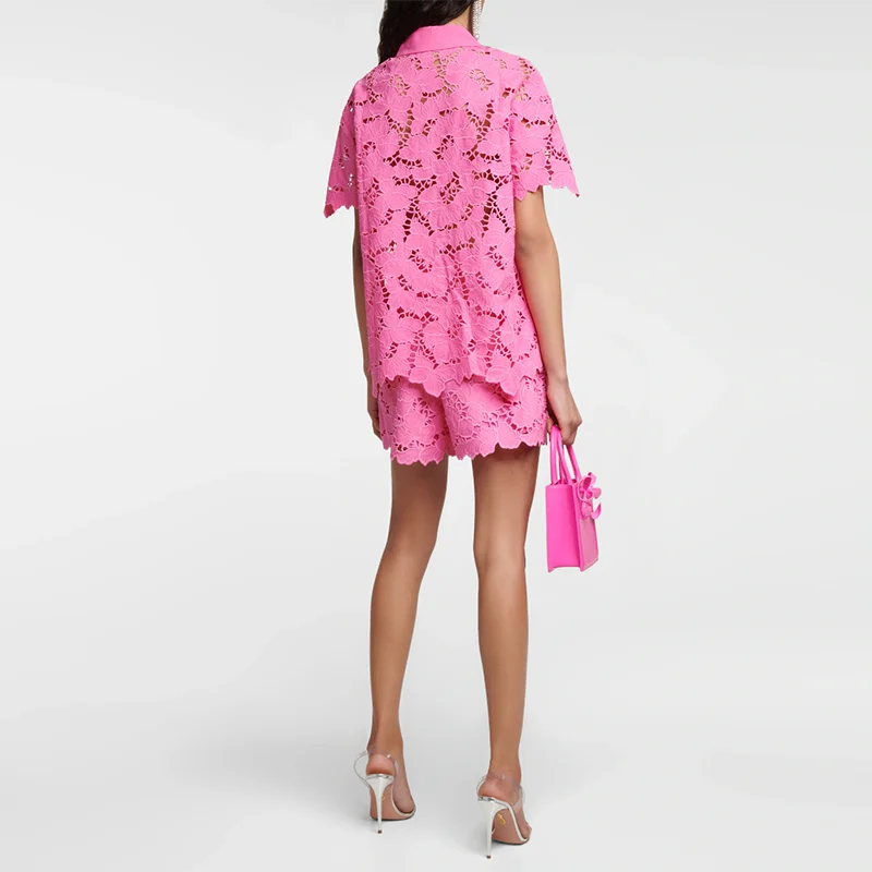 neon pink color brights femme woven floral lace blouses elegant women