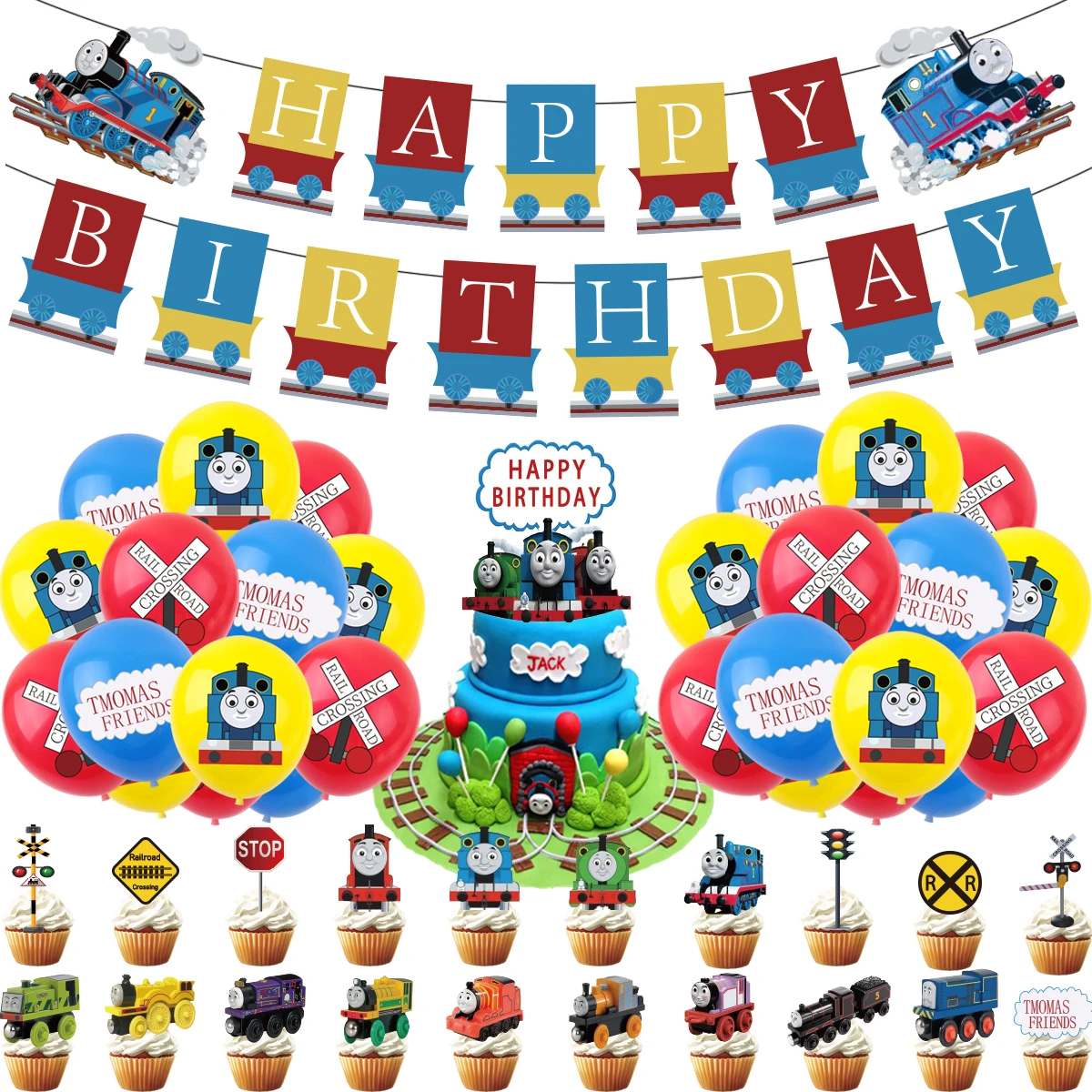 Thomas & Friends Theme Party Decoration Set Thomas and his Friends Birthday Banner Balloon Cupcake Topper Cartoon Party Supplies