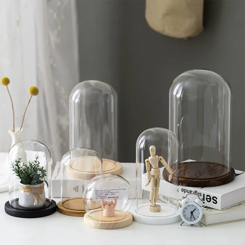 Wholesale Display Bell Jar Terrarium Replacement Glass Domes Clear Oval Cloche Glass Bell Dome With Wood Base