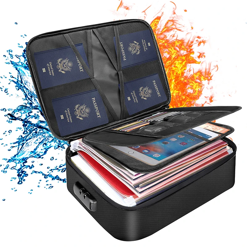 Multi-Layer Portable File Storage with Lock for Important Passport Certificates Waterproof Fireproof Document Organizer Bag