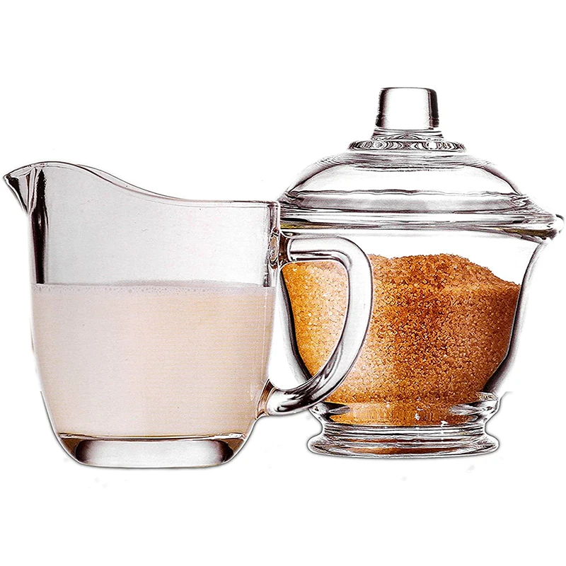 
2020 Wholesale Customized Glass Creamer Small Coffee Milk Pitcher with pot Clear Glass Sugar bowl and Creamer Set 
