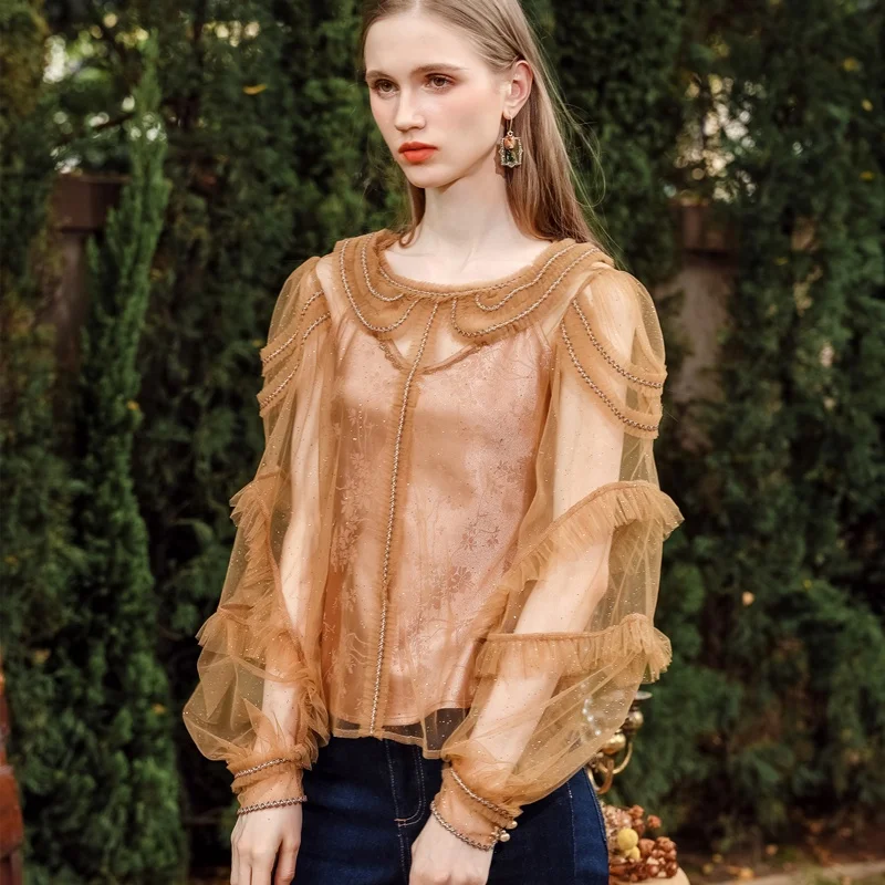 Elegant Vintage Casual Ladies Tops Shirts Long Sleeve Lace Appliques Sheer Tops