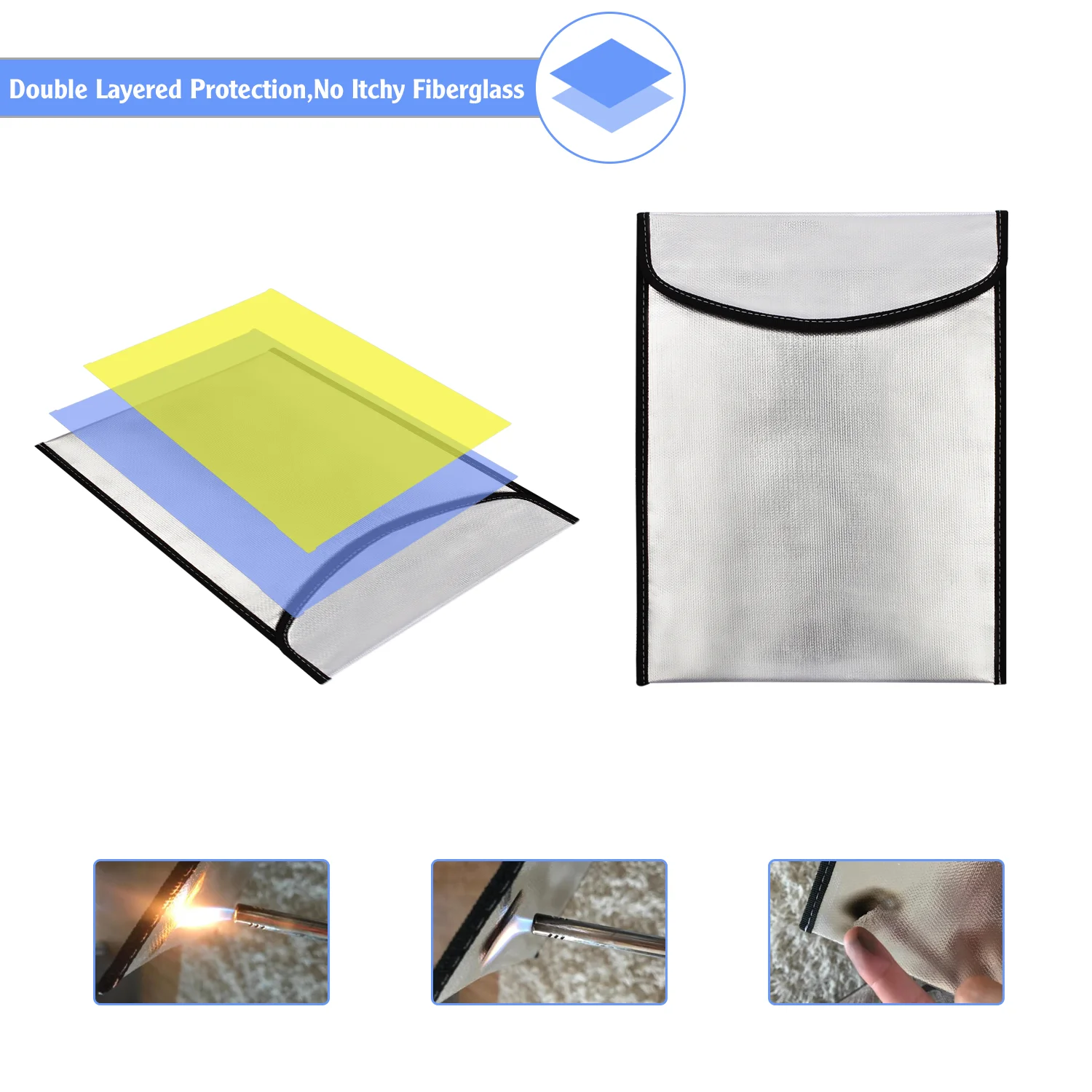 OEM Silver Aluminum Foil Fiberglass Cloth Money Jewelry Passport Laptop Cash Document File Safe Storage Fireproof Money Bag