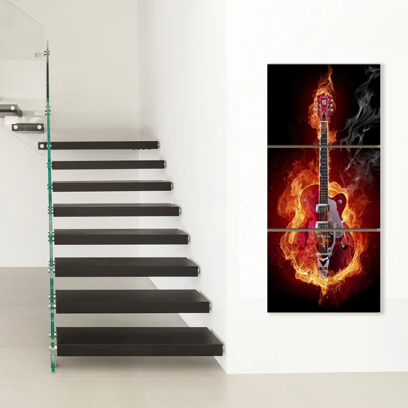 Music Art 3 Panel Wall Painting Modern Home Decors Black Burning Guitar  Art Pictures Decorn On Canvas Painting Printed