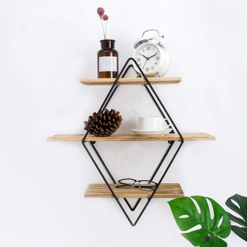 3 Tier Geometric Diamond Wall Shelves Hanging Floating Wood Wall Storage Bedroom Living Room Bathroom Shelf