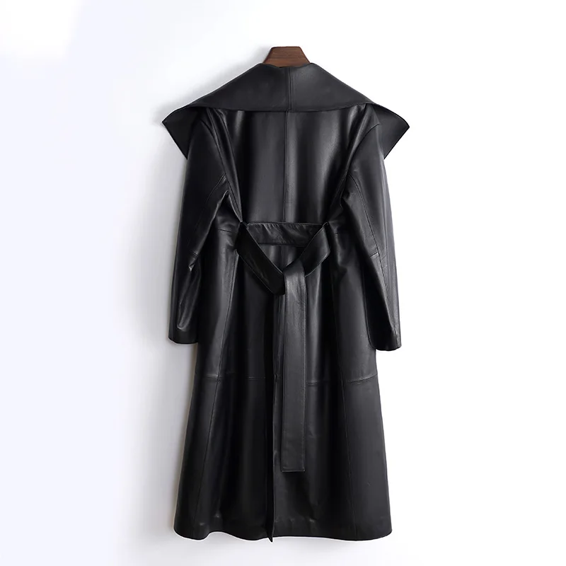 Turn-down Collar Women Long Real Leather Jacket With Belt Long Sleeve Leather Trench Coat Women Outdoor Jackets