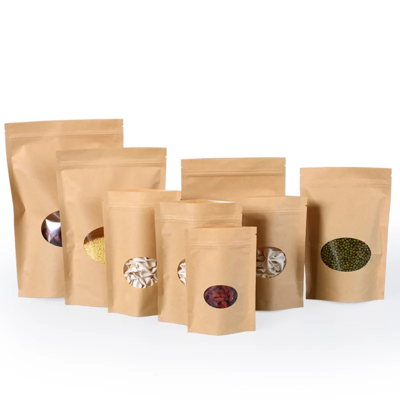 Custom Printed 100g 250g 500g Square Flat Bottom Coffee Kraft Paper Bags With Window And Zipper For Coffee Bean/Tea Packaging