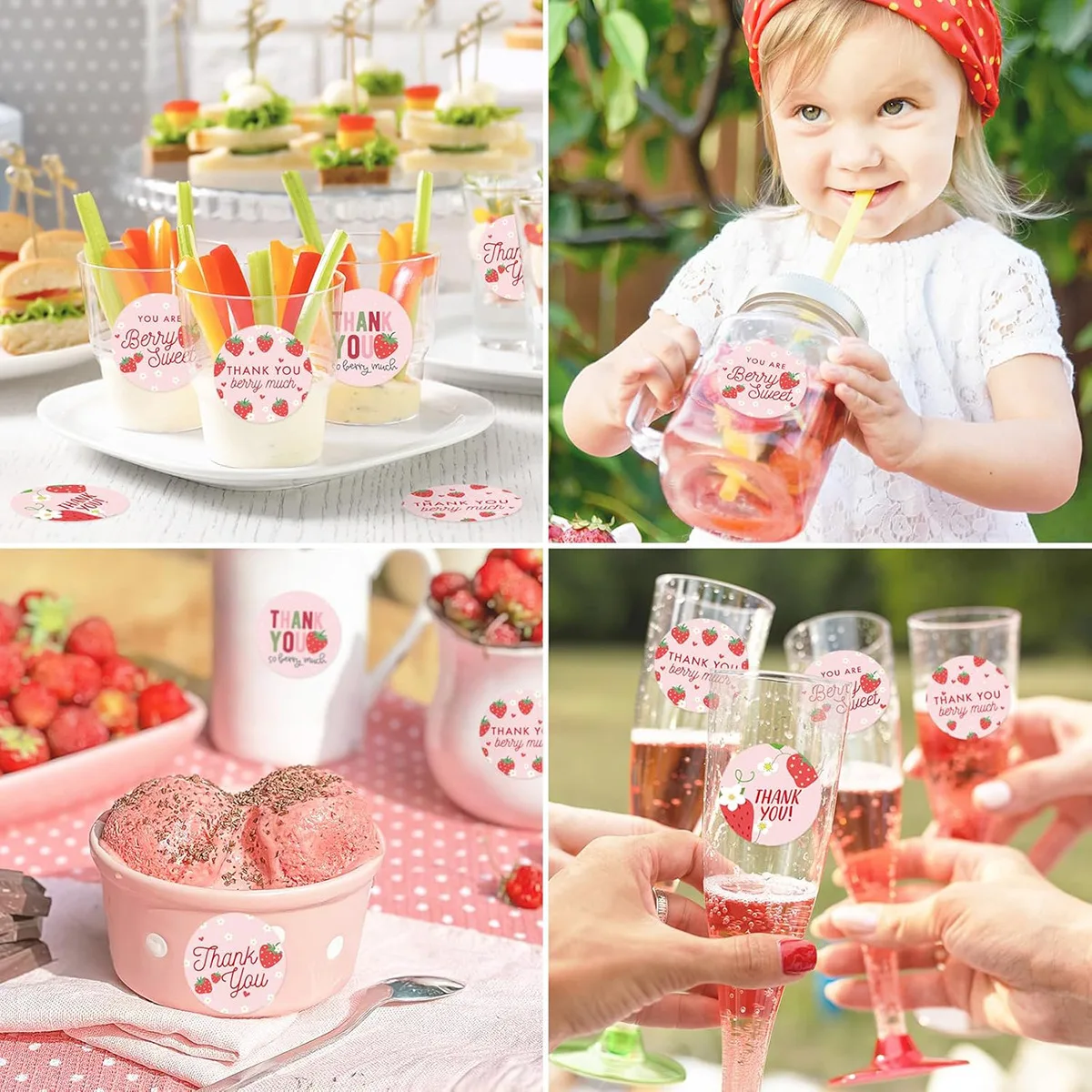 Strawberry Thank You Sticker, Adhesive Label, Sealing Paste, Summer Birthday Party Decoration