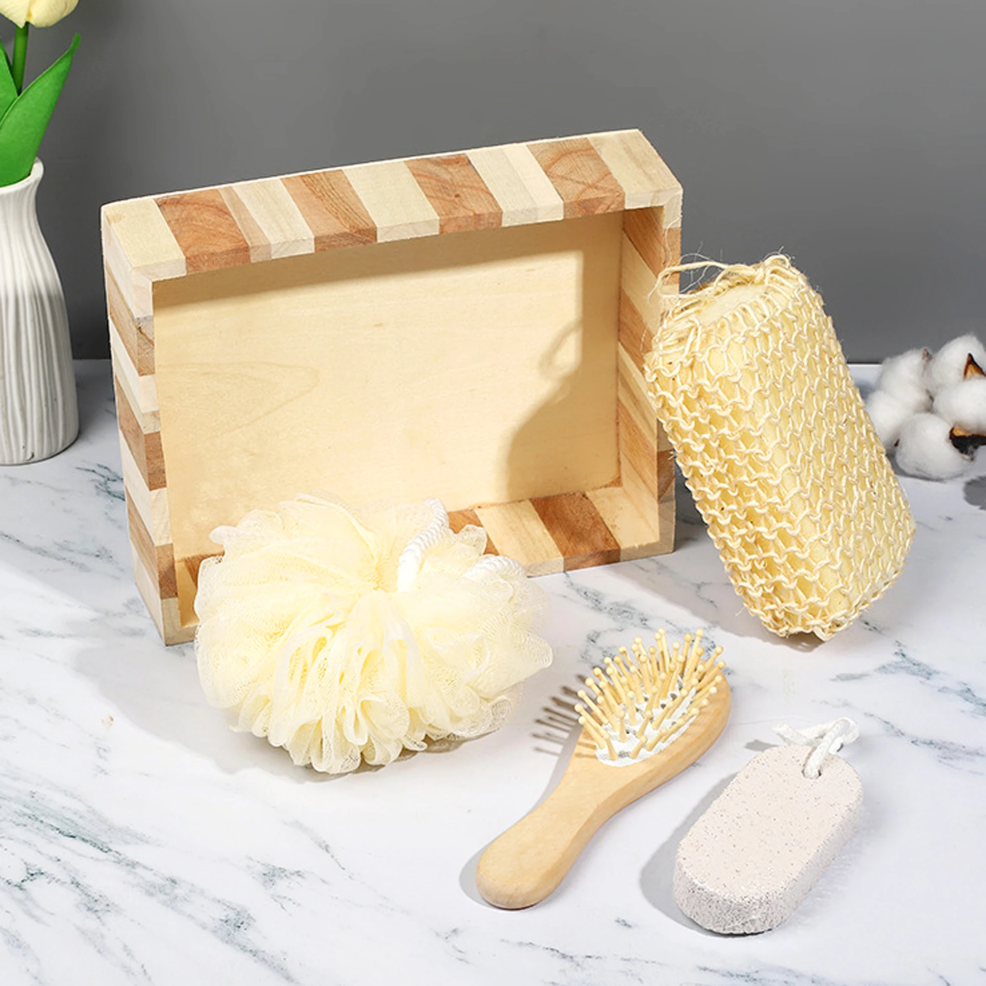 4  Pieces square  Shape Spa Set  Bath Gift Set with Hair Brush Pumice stone  nature loofah body care  accessories set