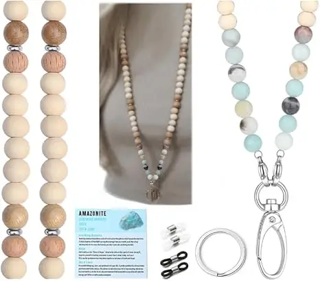 Wooden bead hanging rope with ID card badge, female office staff keychain, natural stone key hanging rope