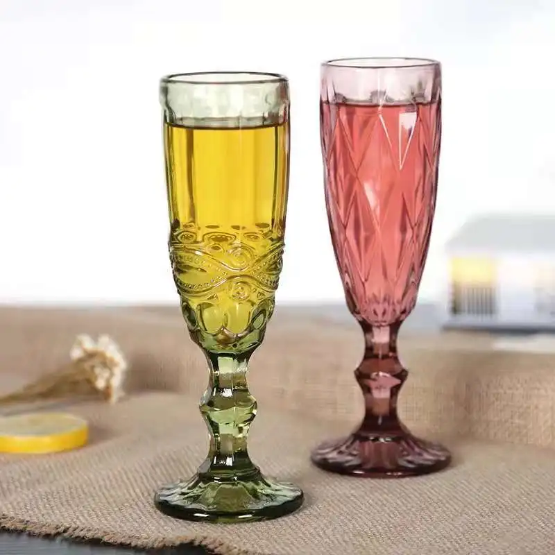 Wholesale wedding glasses Color embossed pattern Transparent Drinking cup Clear wine glasses Retro pressed water glassware