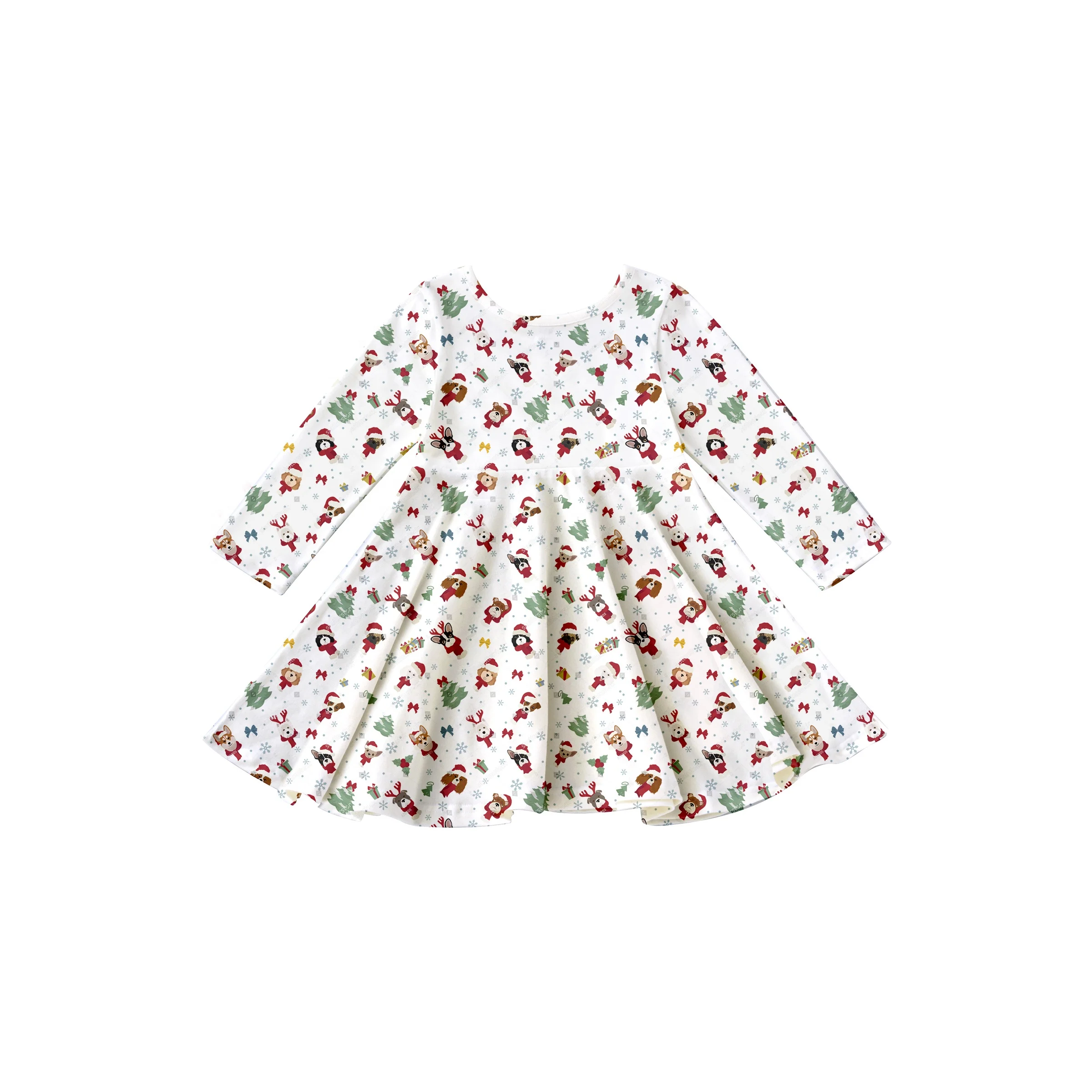 Girlymax 2022 Christmas winter snowmen reindeer Long Sleeve A-LIne Twirl Knee Length Baby Girls Dresses Kids Clothing