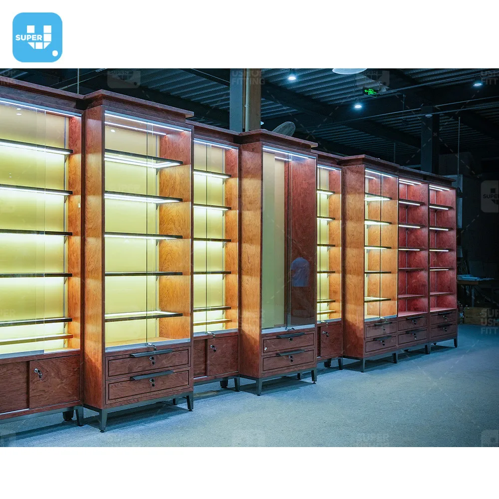 Custom Smoke Showroom Furniture Wood Tobacco Wall Display Shelves Design Led Lighting Cigar Shop Glass Display Cabinet