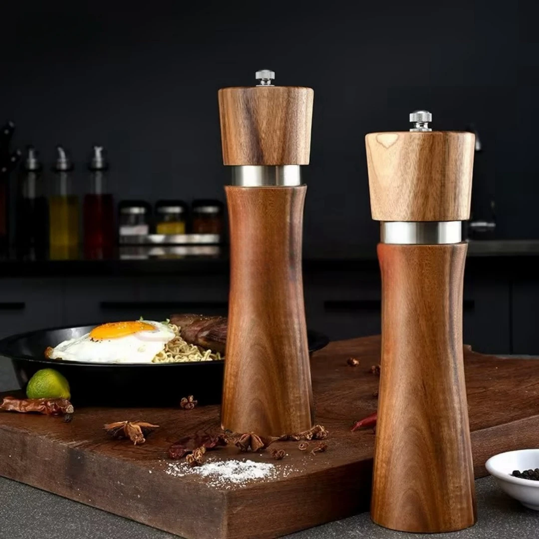 Wooden salt and pepper grinder set refillable crafted of solid acacia wood stainless steel core for Home Kitchen Supplies