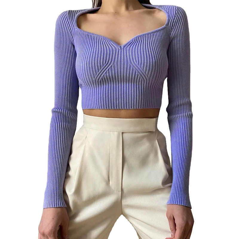
Wholesale Sexy Tops Sweet Heart V Neck Long Sleeve Knit Cropped Fall Women Sweater 