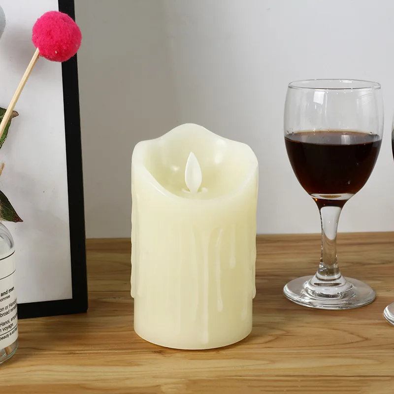 Ivory White 2*AA Battery USB Chargeable Remote Operate Moving Wick Flameless Paraffin Plastic LED Candle for Wed Table Deco