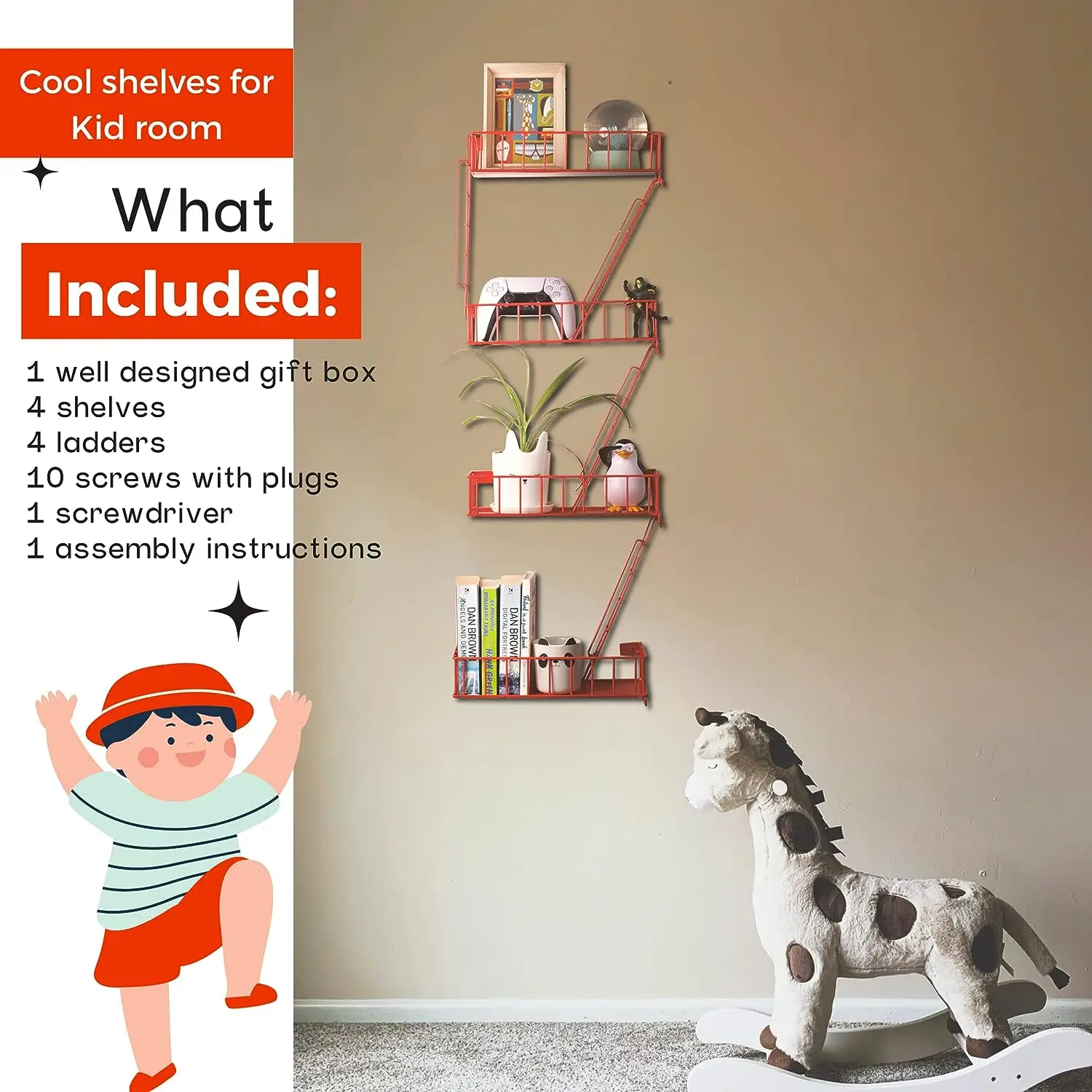 4 Tier Wall Mounted Metal Floating Display Shelves Wall Fire Escape Ladder for Home Decor