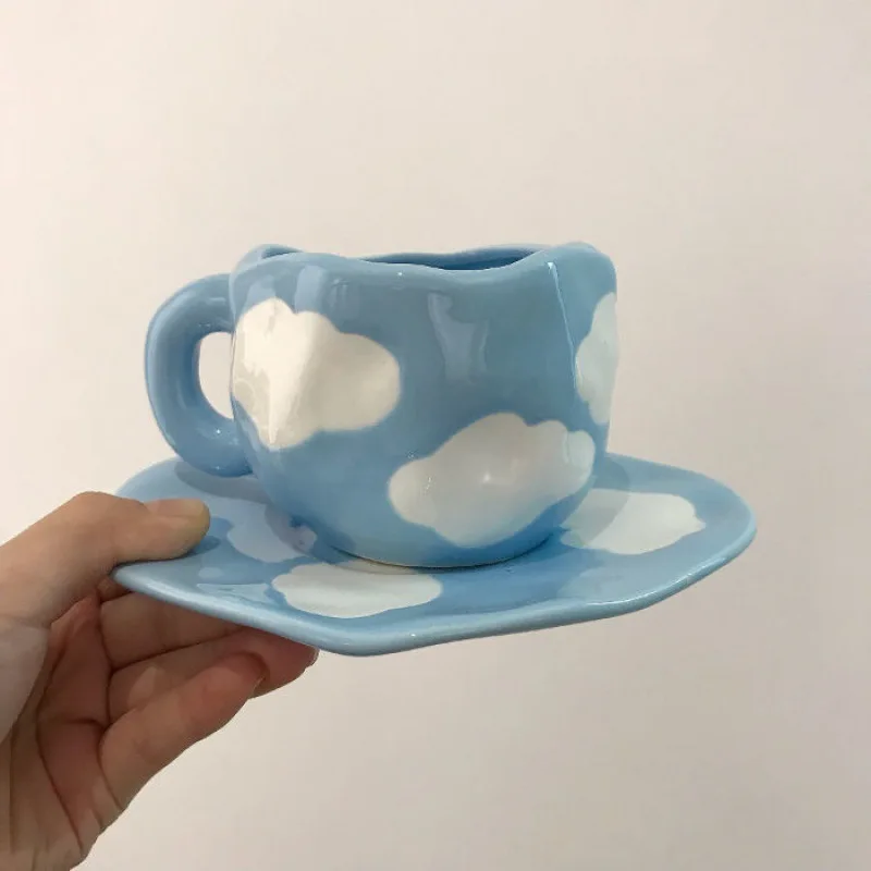 Hot Sale Custom Retro Handmade Pink Sky Blue Ceramic Coffee Cup and Plate Afternoon Tea Cup and Saucer Set