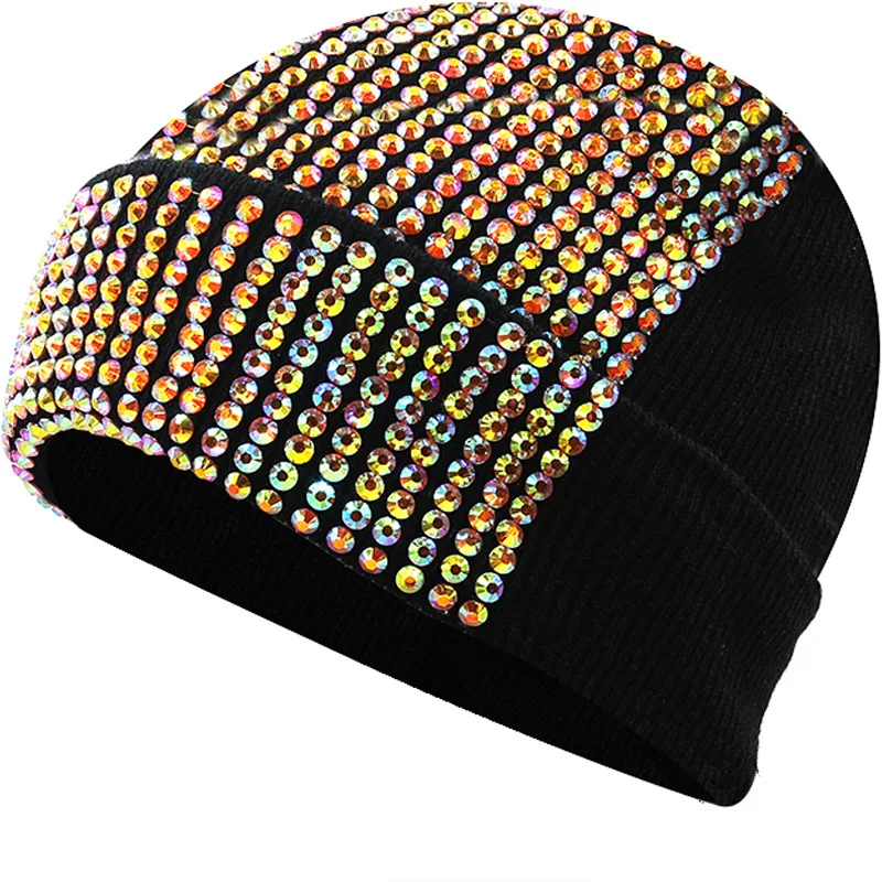 Punk Styles Winter Acrylic Knitted Hat Unisex Fashion Full Rhinestone Warm Beanie Hat