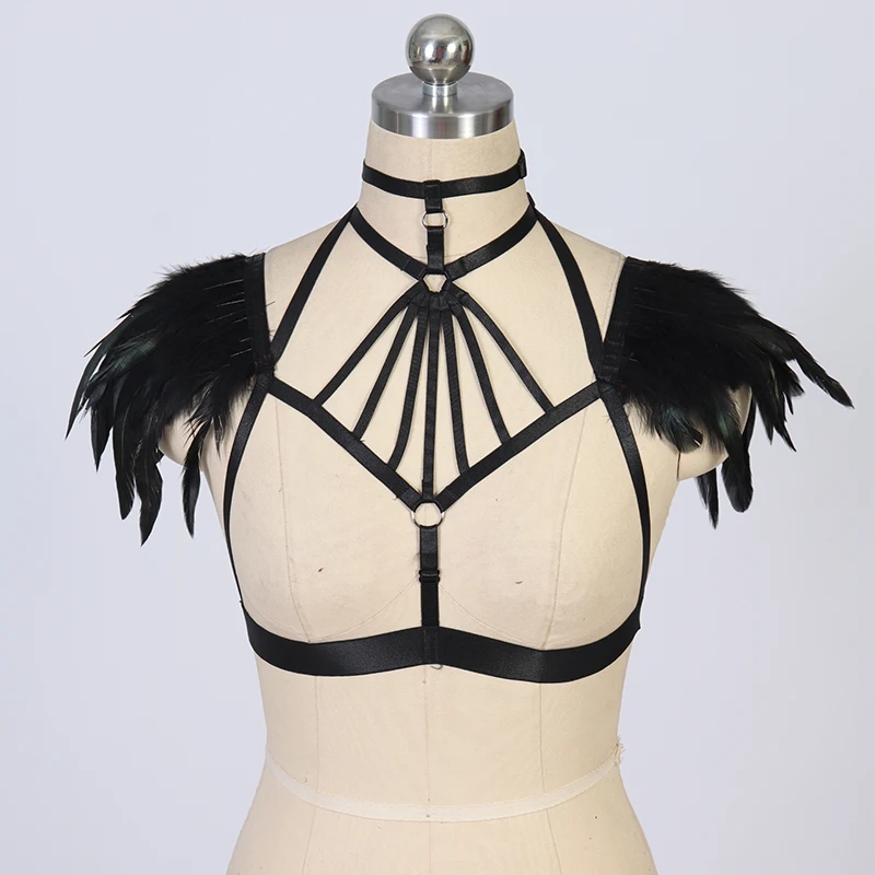 O0700 Wholesale Gothic Sexy Lady  Black Feather Bondage Bra Cage Hollow Cowboy Girl Hot Costume Top