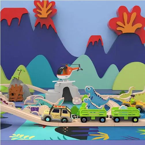 wooden early education toy 80pcs set wooden dinosaur train track toy assembly puzzle games