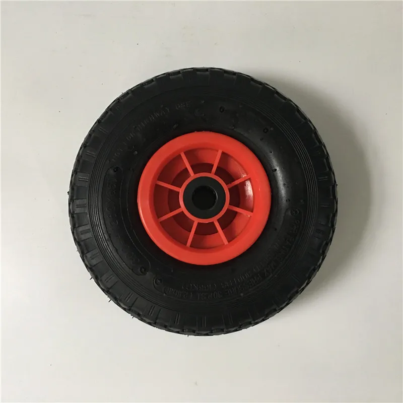 Europe Market Hot Sale 10 300 4 pneumatic rubber wheel with red plastic rim center hub hub length 75mm roller bearing 20mm