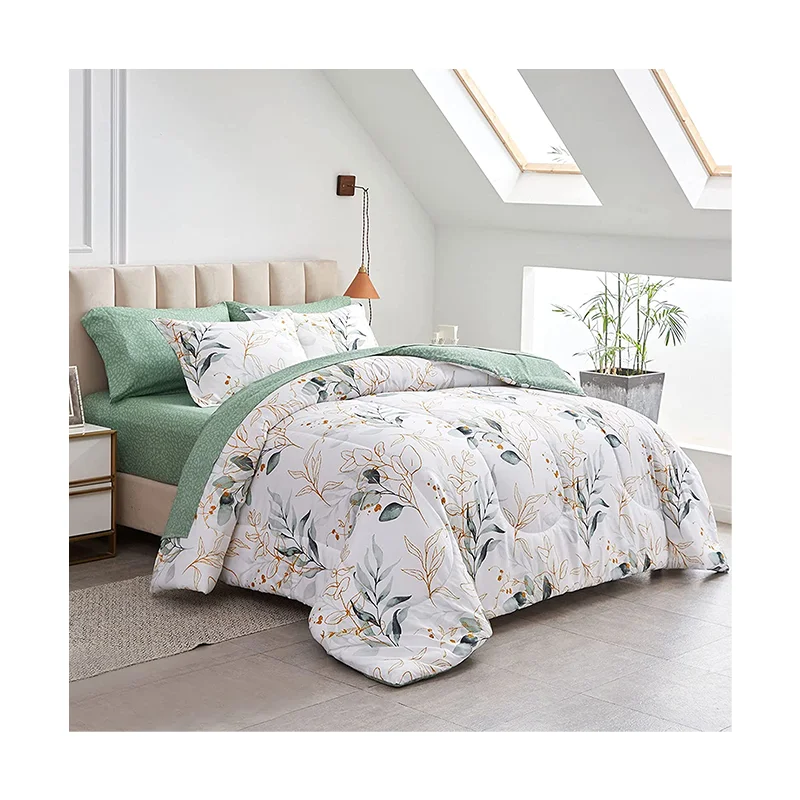 Green Leaves Printed on White Botanical Design, Microfiber Comforter Set for All Season 7 Piece Bed in a Bag Queen