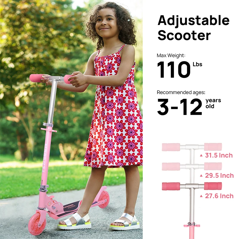 Scooters for Kids 2 Wheel Folding Kick Scooter for Girls Boys 3 Adjustable Height,Light Up Wheels for Children