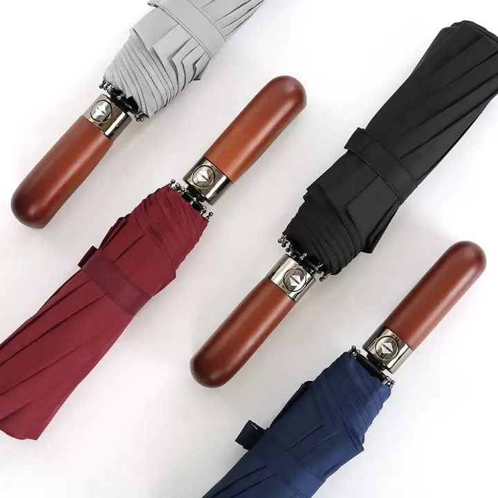Quickly Dry Support Full Printing Design Folding Double Layers Strong Waterproof Automatic Wooden Handle Men Umbrella