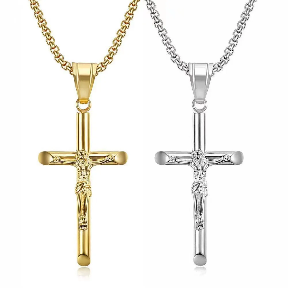 Jesus Crucifixion Cross Water Proof Pvd Stainless Steel Fine Fashion Jewelry Pendants Necklaces 18K Gold Plated for Men