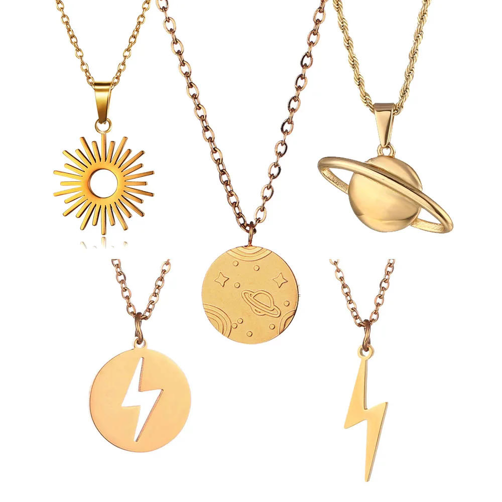 Lightning Bolt Necklace Thunder Minimalist Pendant Saturn Planet Necklace Stylish Collarbone Jewelry Sun Charm Necklace Men Gift