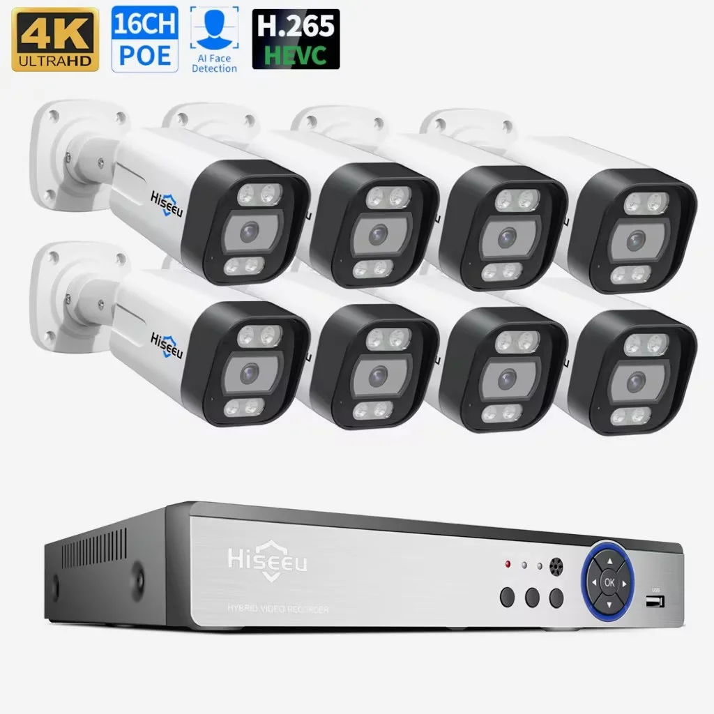 H.265+ 8mp 4k 16 channel ip poe camera nvr kit ai smart hd home security cctv camera system