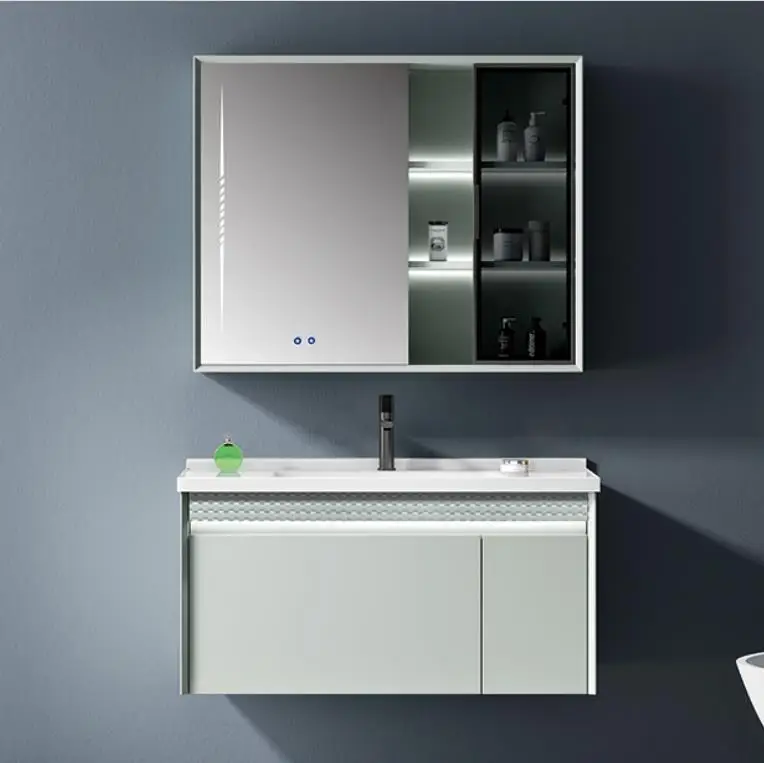 New Design US Blue PVC Wall Mounted Bathroom Cabinet Vanity Furniture Set Furniture With LED Mirror Cabinet And Sink