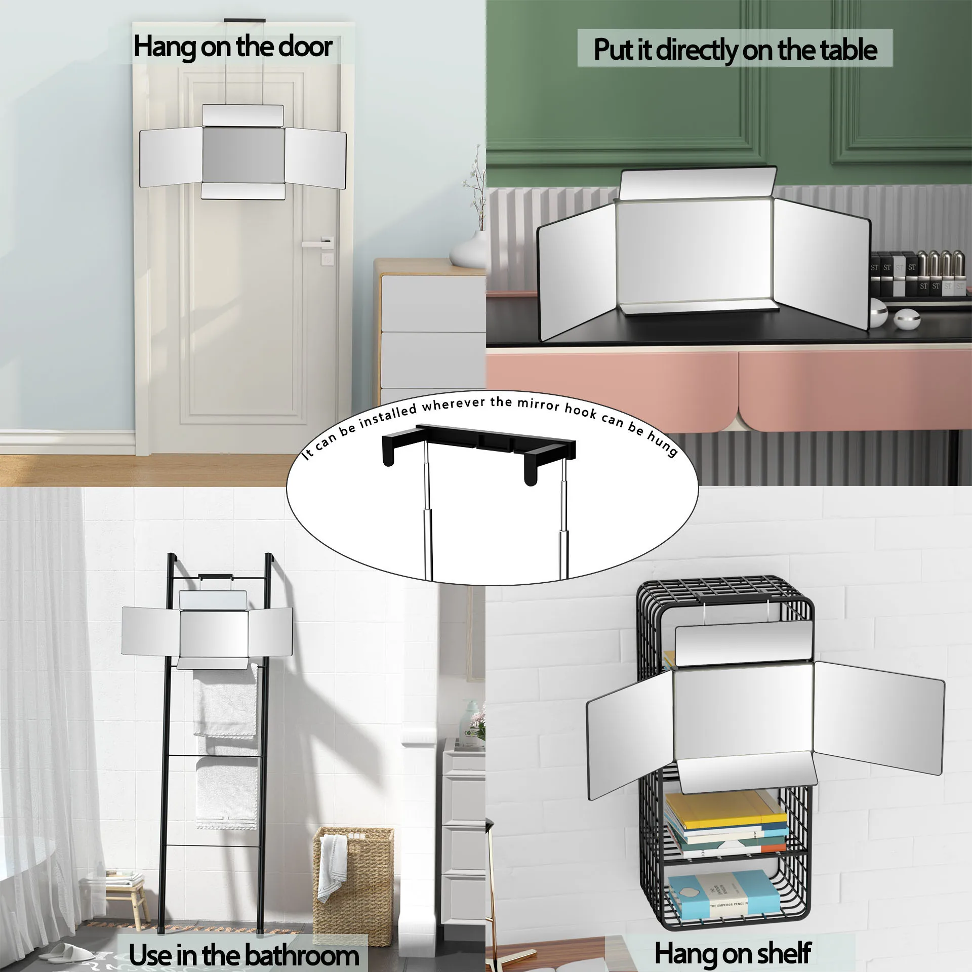 5 Way Mirror for Hair Cutting With LED Light Portable 360 Trifold Barber Self Cut Mirror with Height Adjustable Hooks