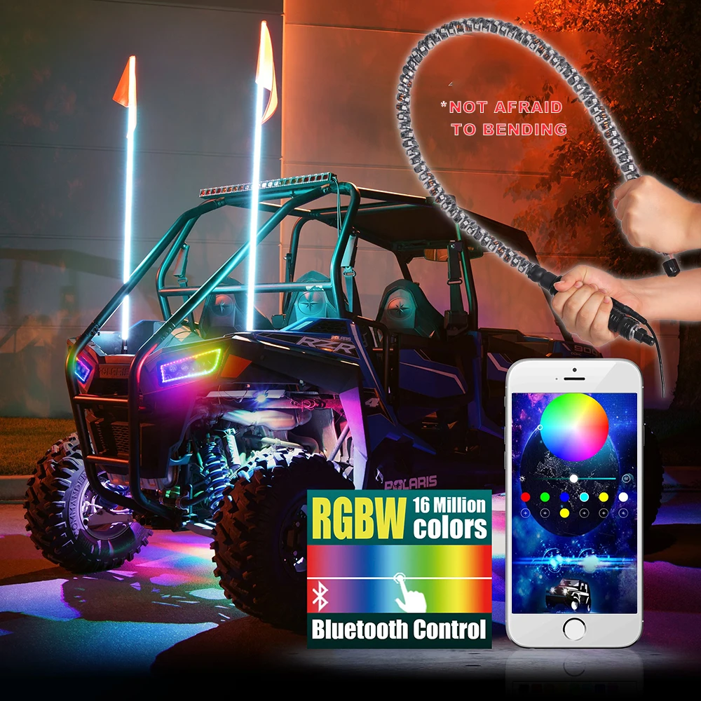 RGB 3ft-5ft Safety Whip Chasing Colors LED Lighted Whip Antennas Flag Light for ATV UTV Buggy RZR Offroad Cars