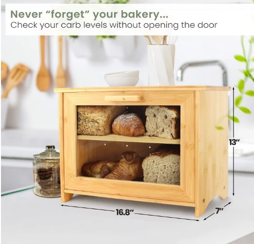 Bamboo Bread Box for Kitchen Countertop Double Layer Bread Storage Bin with Clear Windows Rustic Farmhouse Style Bread Bin