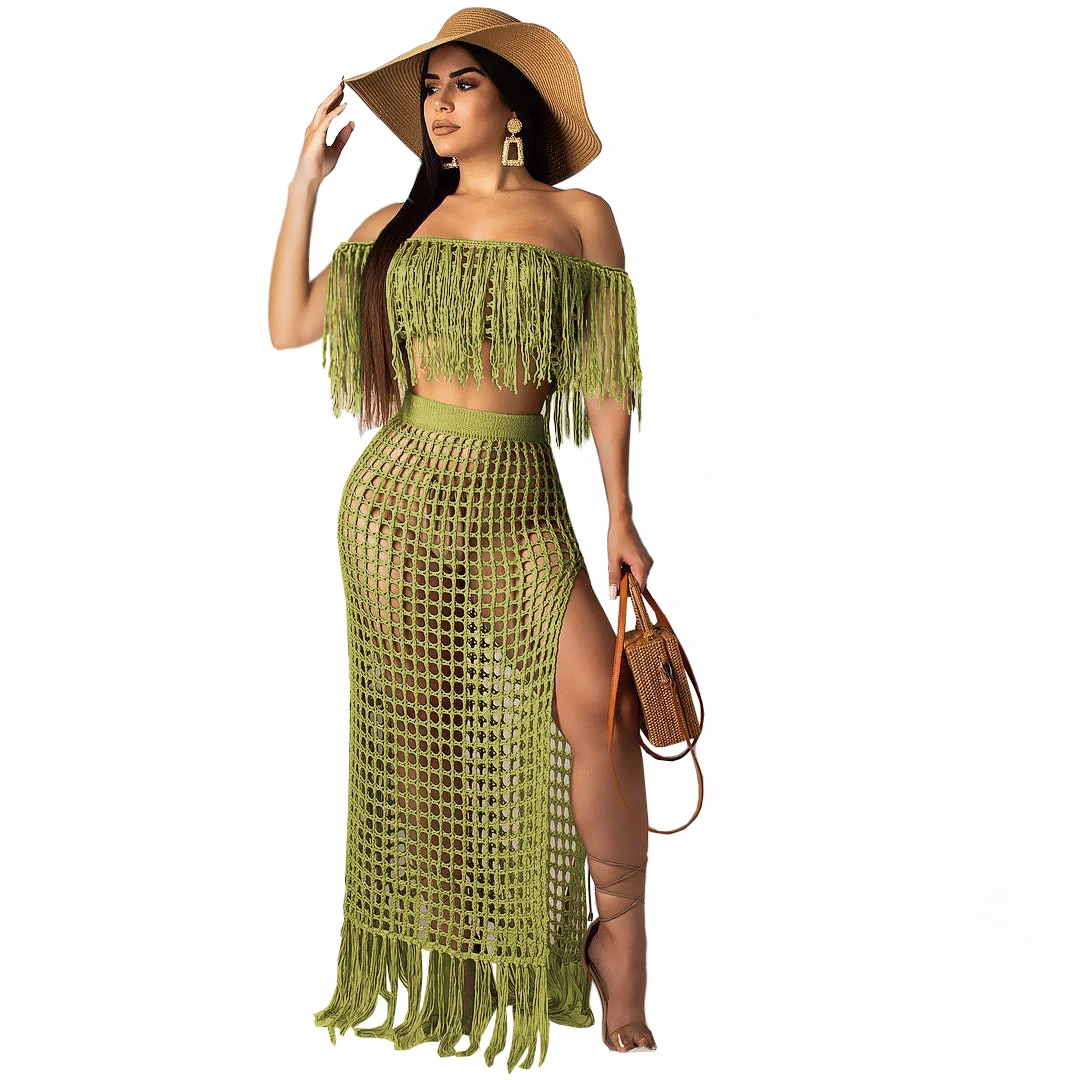 2020 women hot sale off-shoulder cutout dress sexy ladies high split knitted beach dress