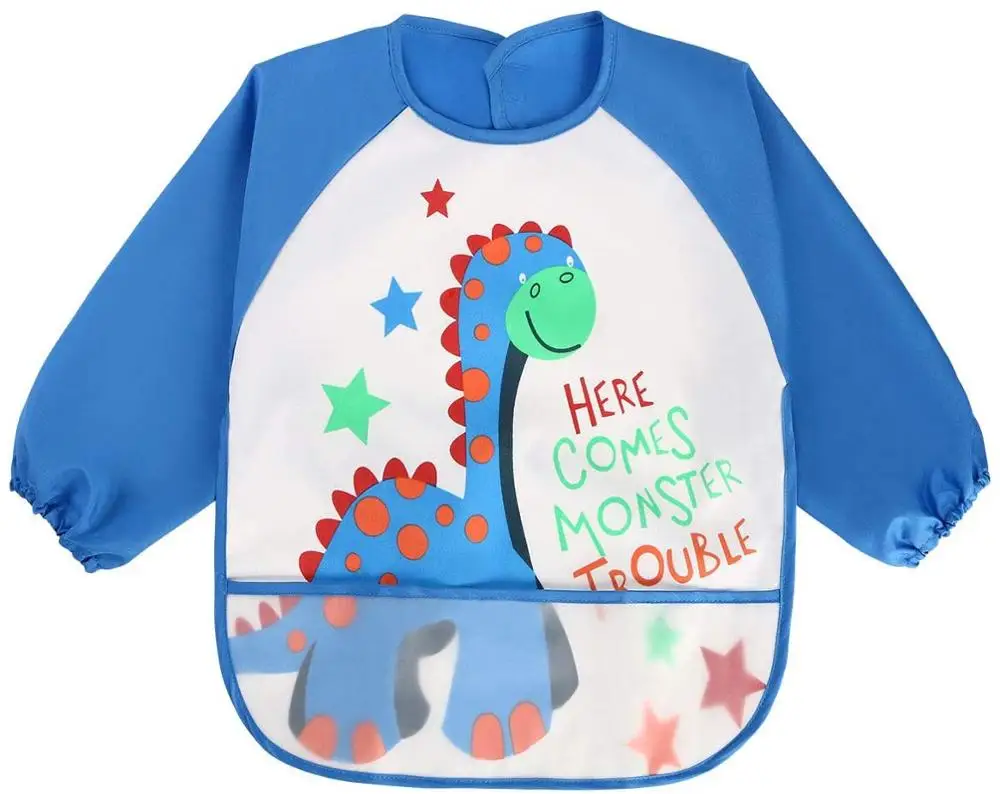 Waterproof feeding arts craft painting apron front pocket children long sleeve bibs