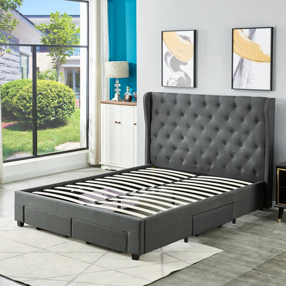 Latest Design Wholesale factory price double queen king size 4 drawers upholstered storage bed