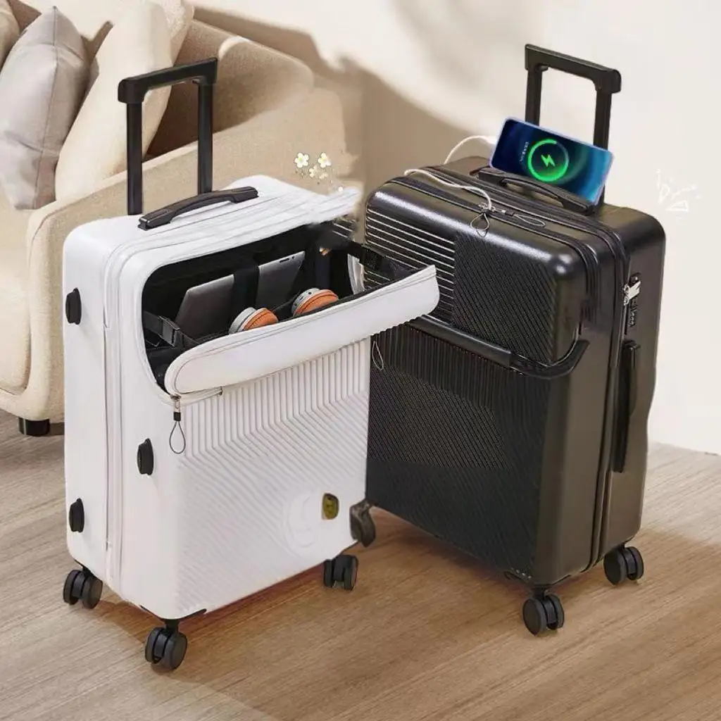 New multifunctional front opening boarding box strong and durable student charging usb port wheel travel trolley combination